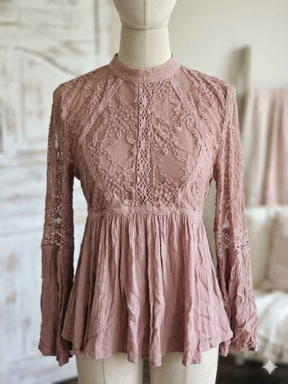 American Eagle Outfitters Dusty Mauve Lace Peplum Long-Sleeve Dress